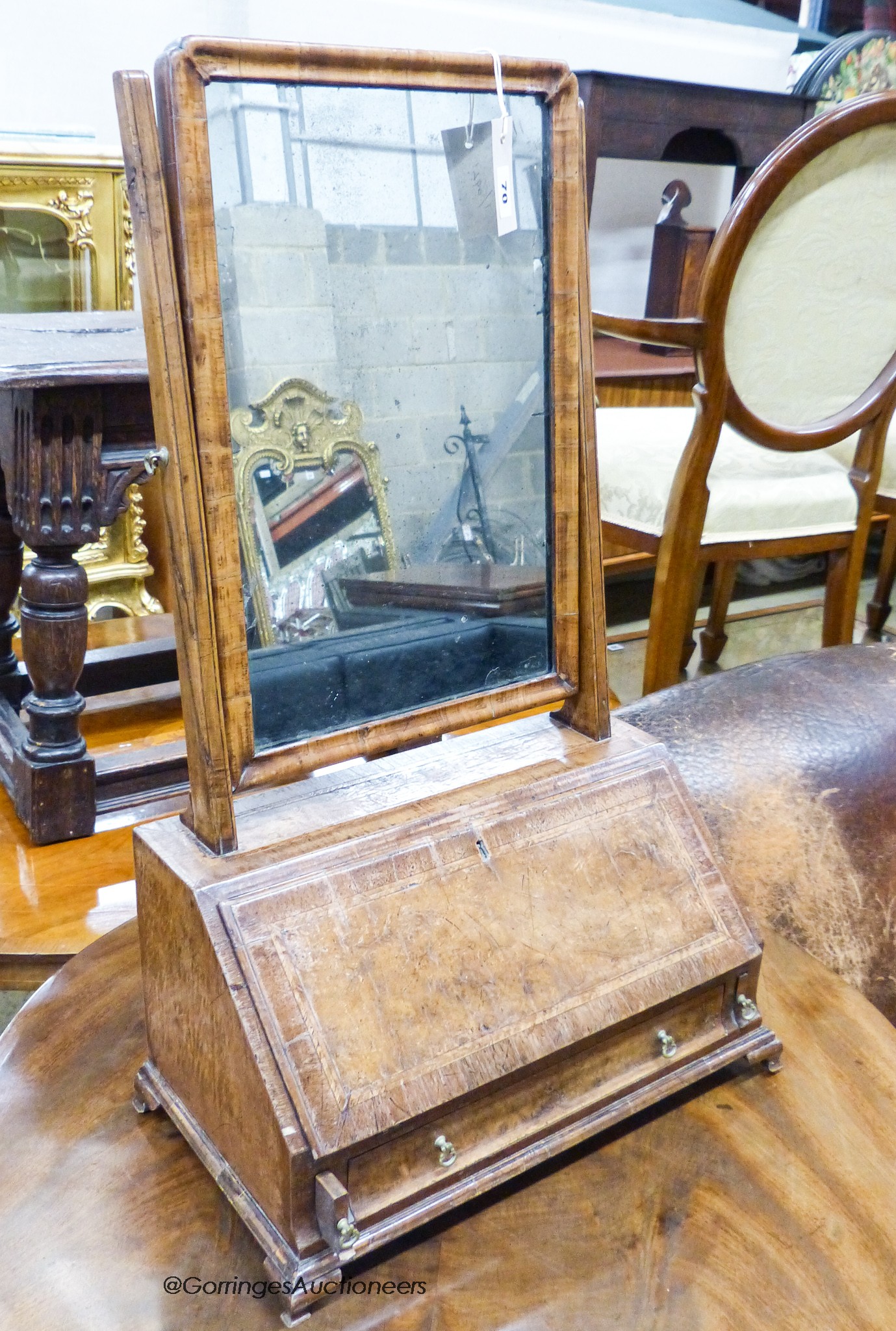 An 18th century style burr walnut toilet mirror with bureau base, width 39cm, depth 23cm, height 69cm